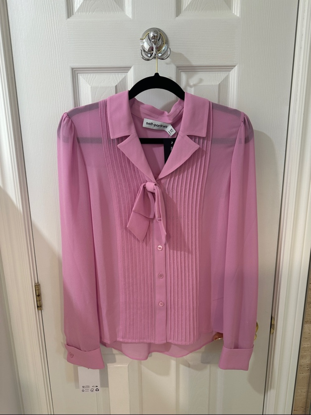 Self-Portrait Pink Pintuck Tie-Neck Blouse